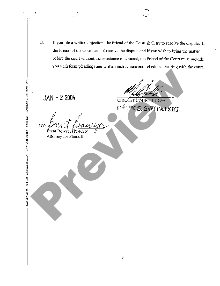 Michigan Ex Parte Interim Order for Status Quo Regarding Child Custody