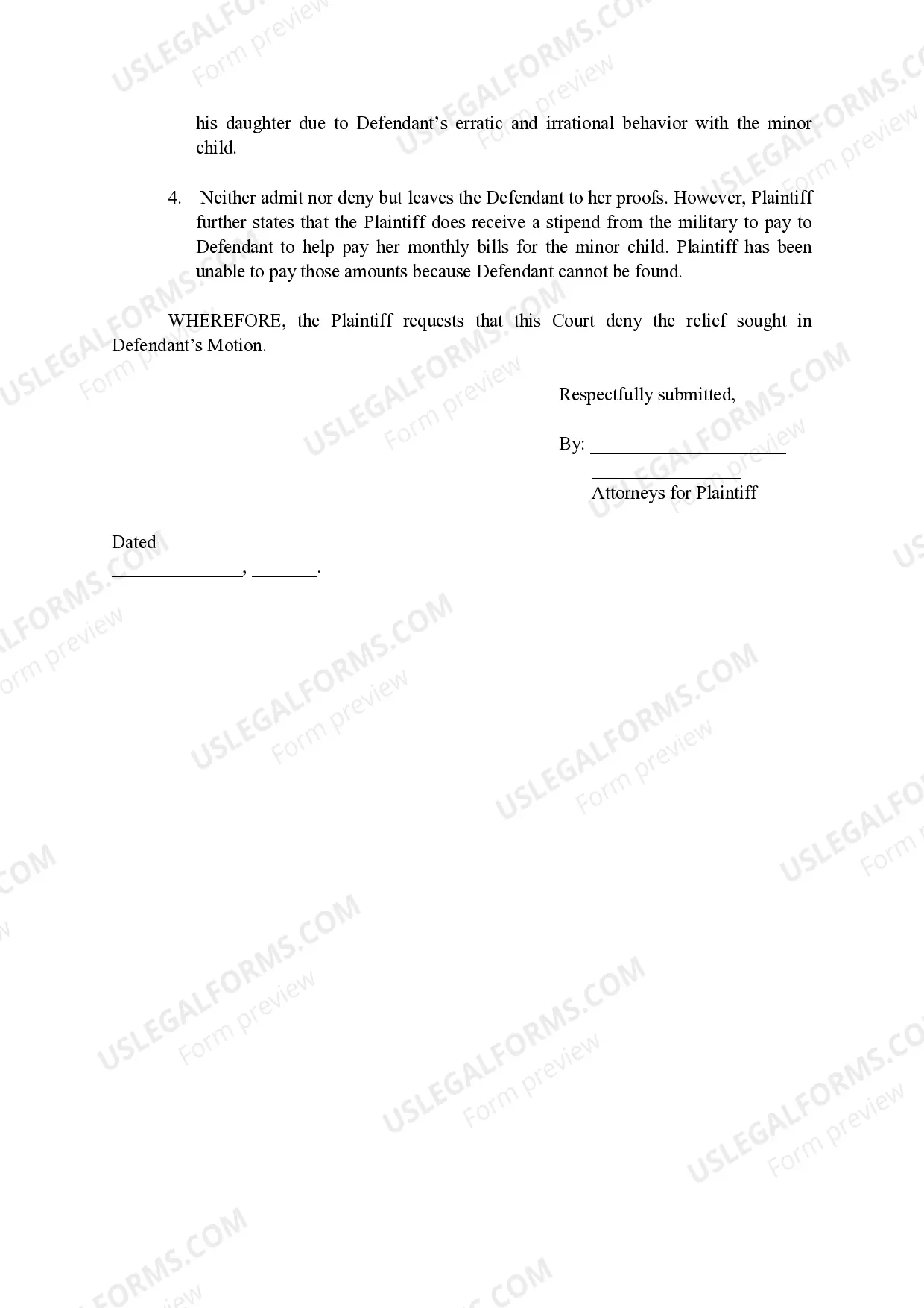 Preview Response to Objection to Ex-Parte
