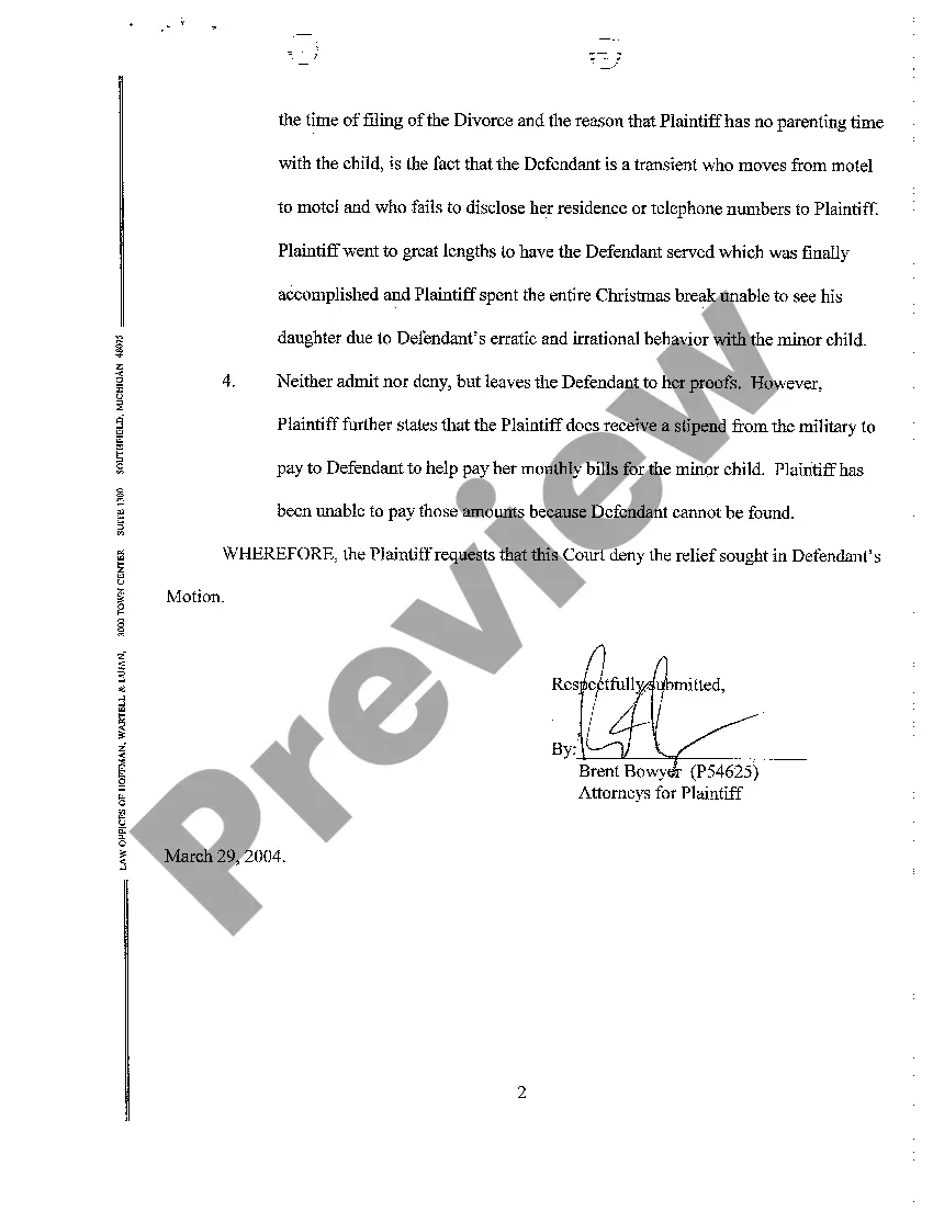 Preview A06 Response Objection to Ex Parte Interim Order for Status Quo Regarding Child Custody, Child Support and Parenting Time
