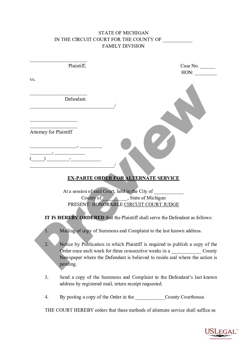 Michigan ExParte Order for Alternative Service Ex Parte Order Service US Legal Forms