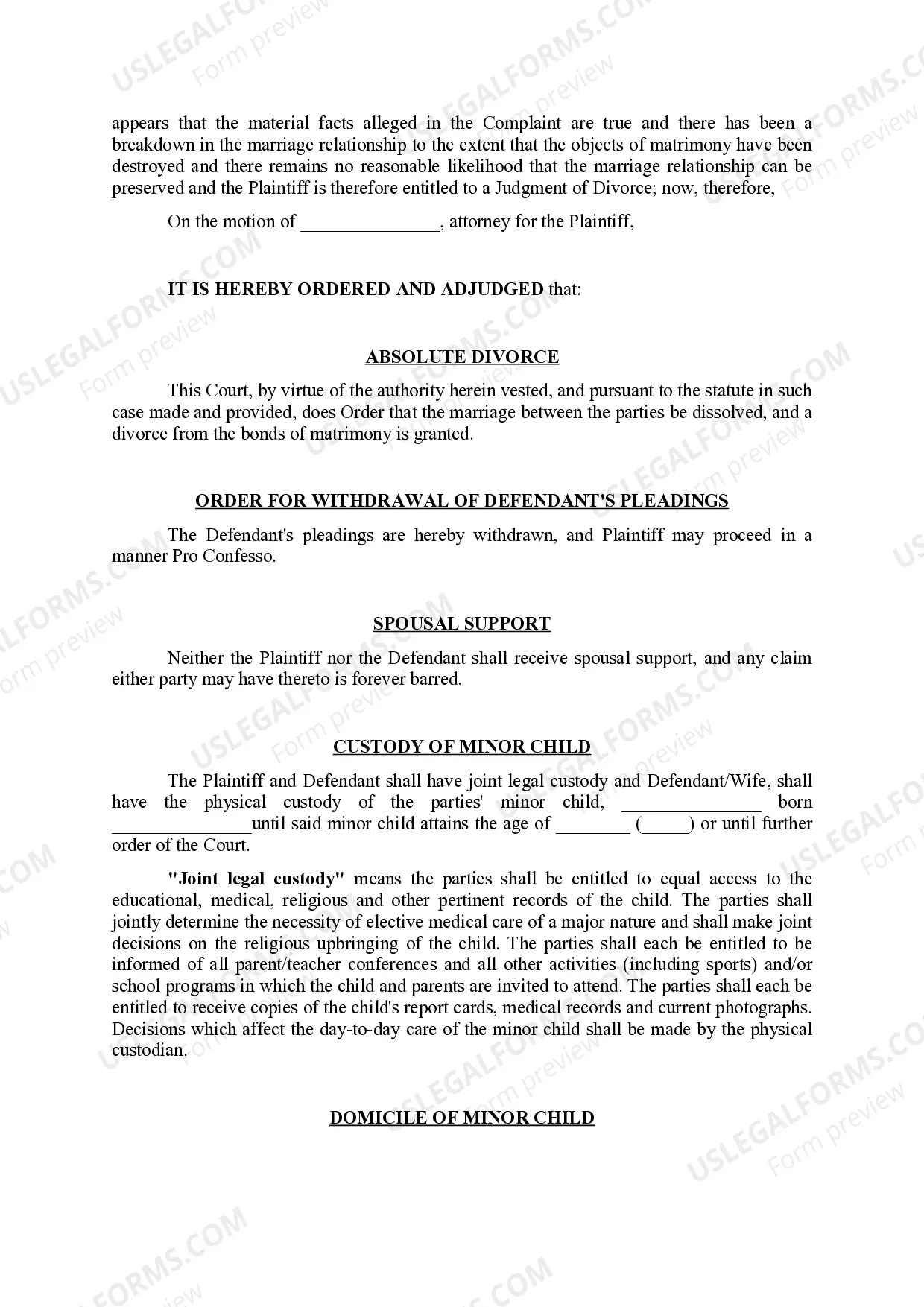 Preview Judgment of Divorce