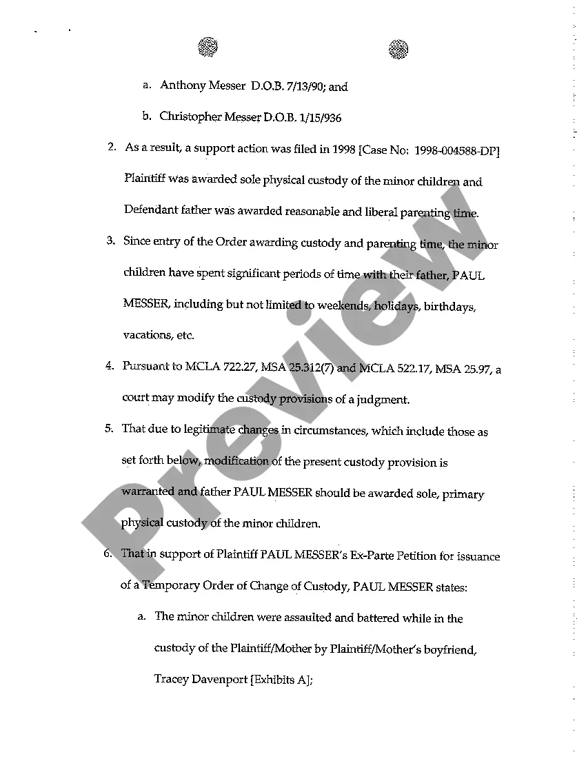 Preview A02 Plaintiff Motion for Order of Temporary Change of Custody