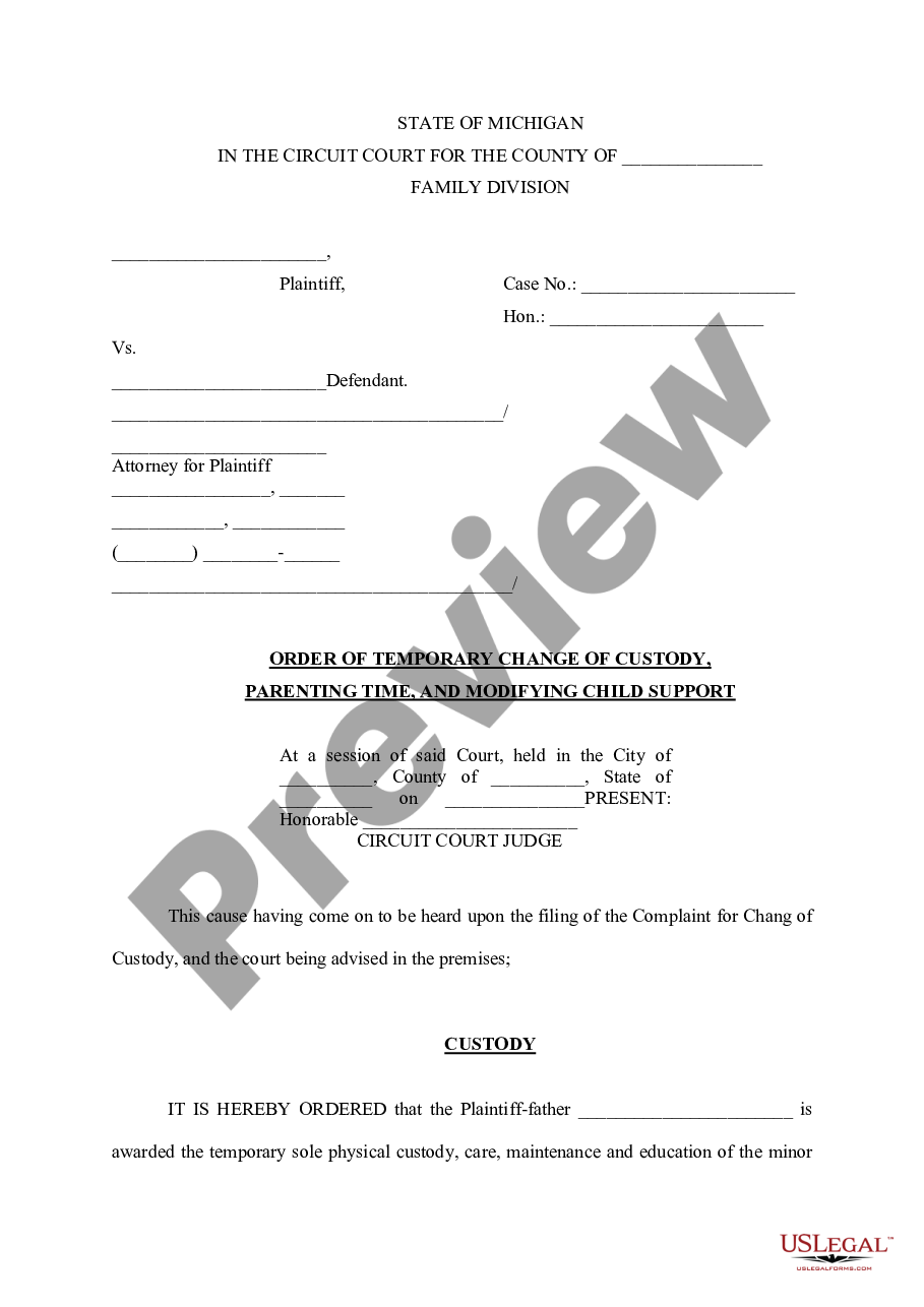 Michigan Parenting Time For Holidays US Legal Forms