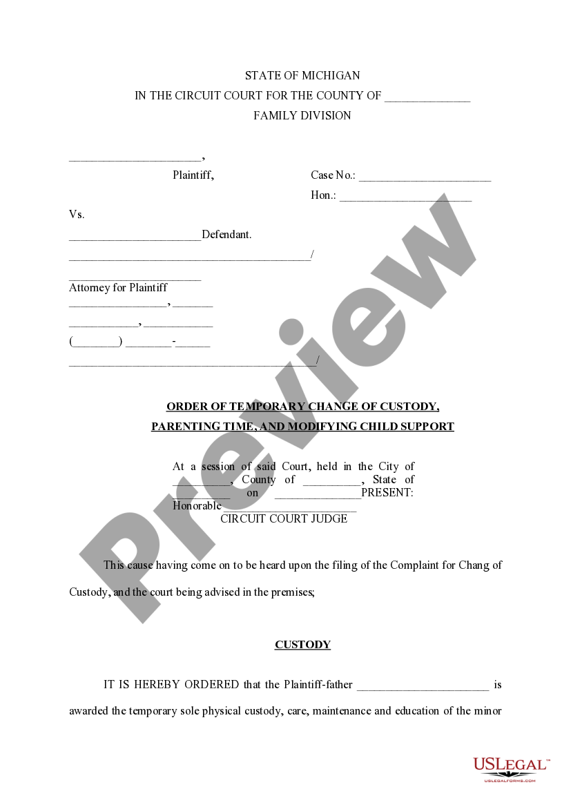 Michigan Parenting Time For Holidays US Legal Forms