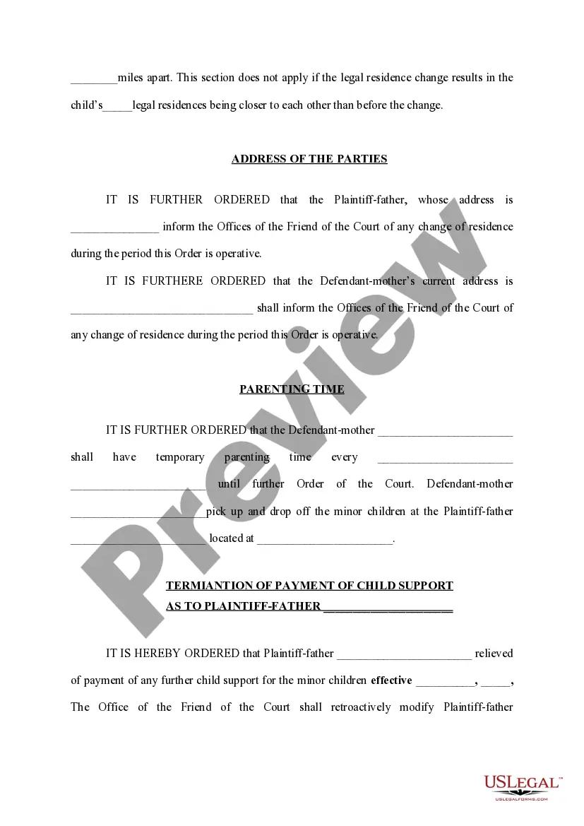 Get Order of Temporary Change of Custody, Parenting Time, And Modifying Child Support Preview Order of Temporary Change of Custody, Parenting Time, And Modifying Child Support