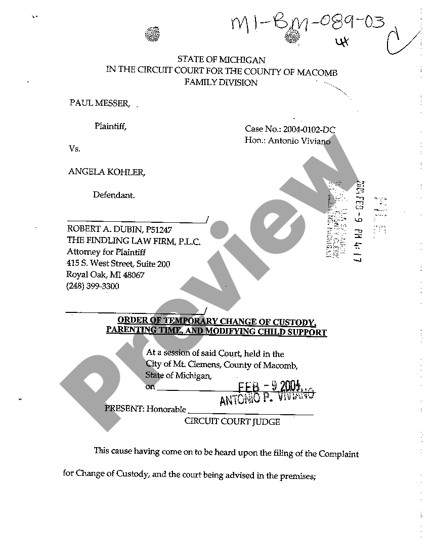 Michigan Order Of Temporary Change Of Custody Parenting Time