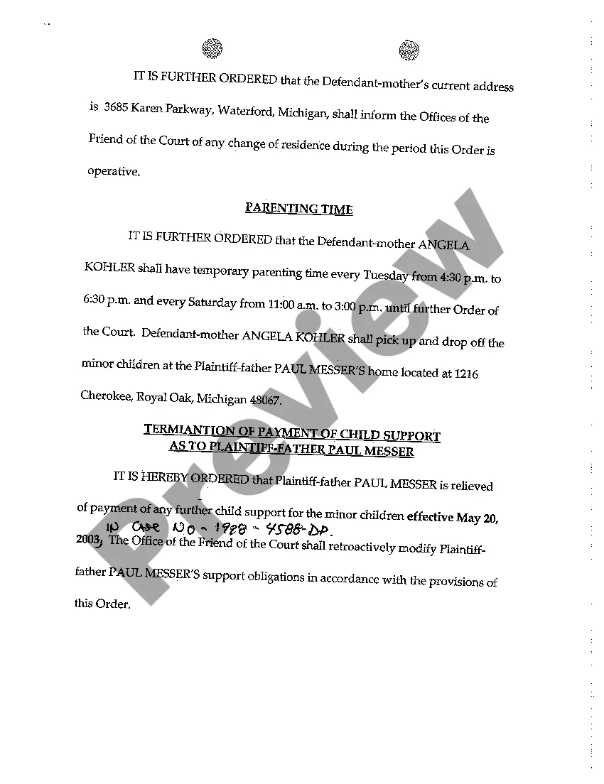 Get A03 Order of Temporary Change of Custody, Parenting Time, and Modifying Child Support Preview A03 Order of Temporary Change of Custody, Parenting Time, and Modifying Child Support