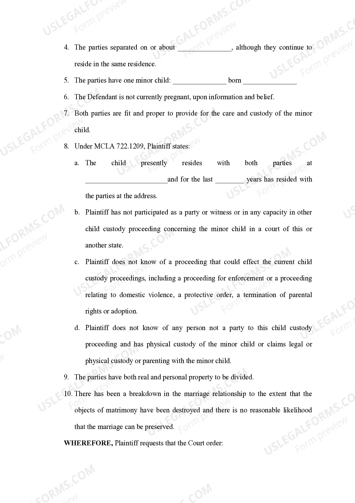 Preview Complaint for Divorce