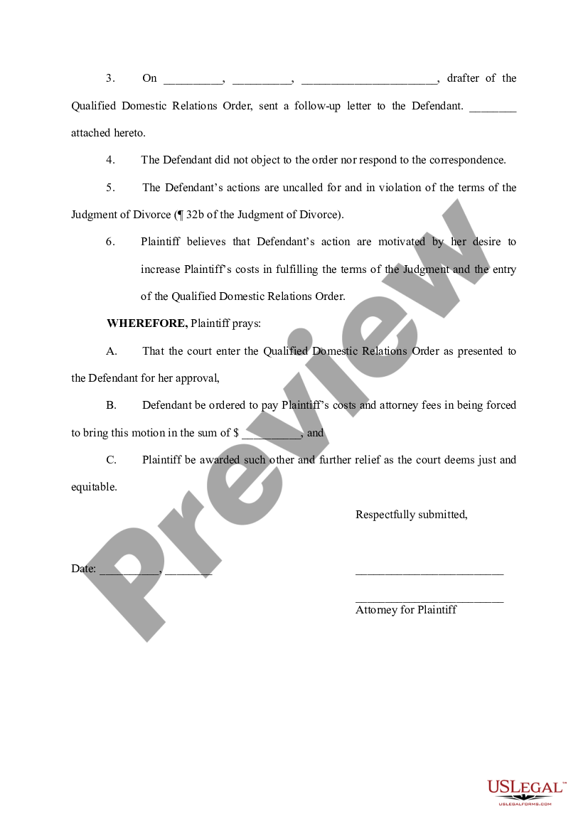 Lansing Michigan Motion for Entry of Qualified Domestic Relations Order ...