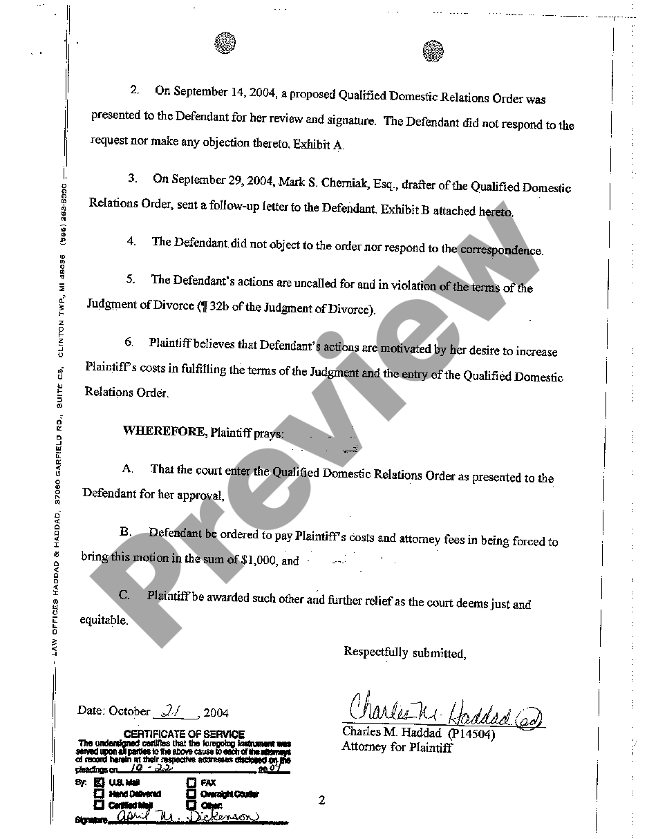 Oakland Michigan Motion for Entry of Qualified Domestic Relations Order