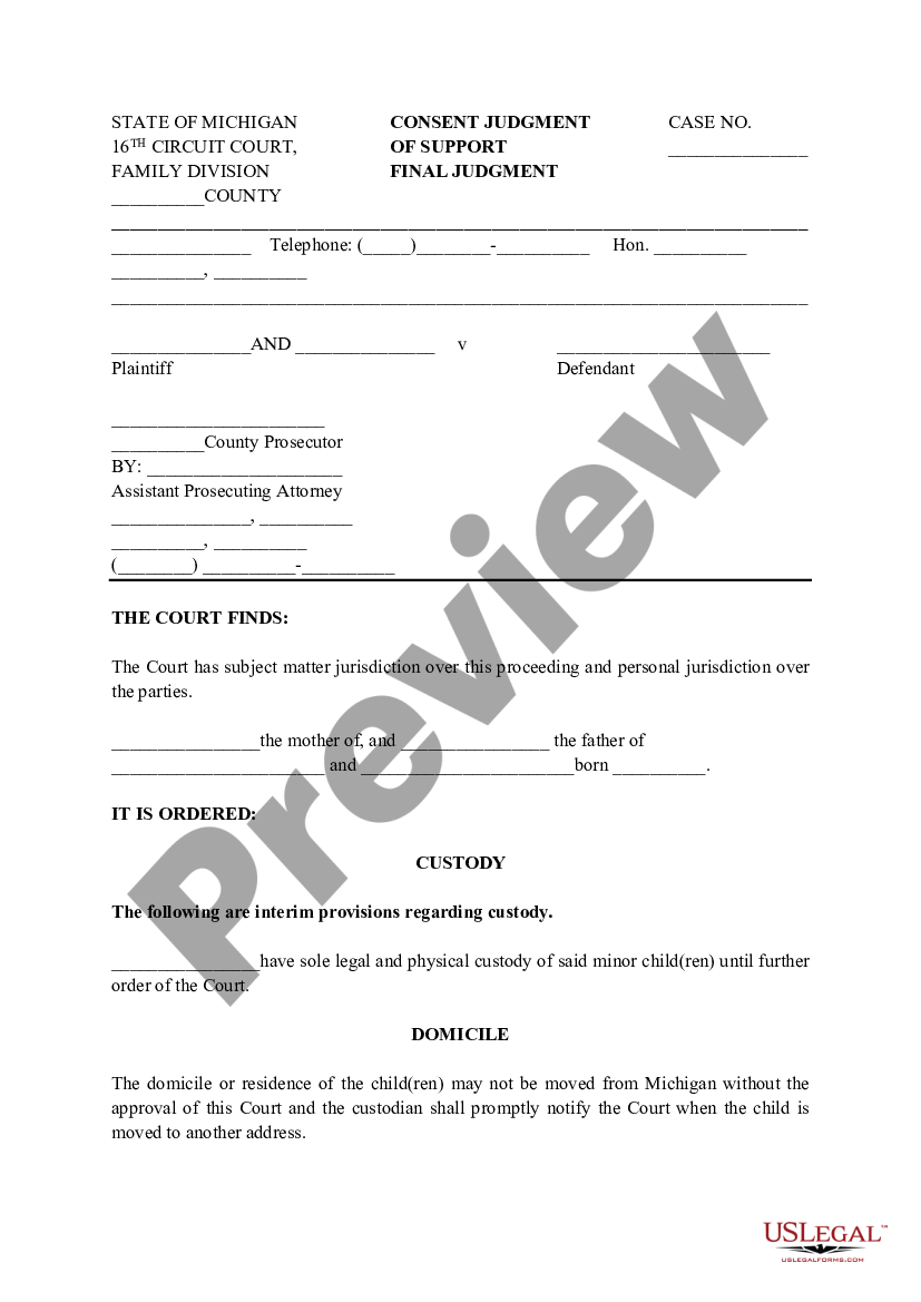 Michigan Consent Judgment Of Support Final Judgment Michigan Judgment Final Us Legal Forms 2477