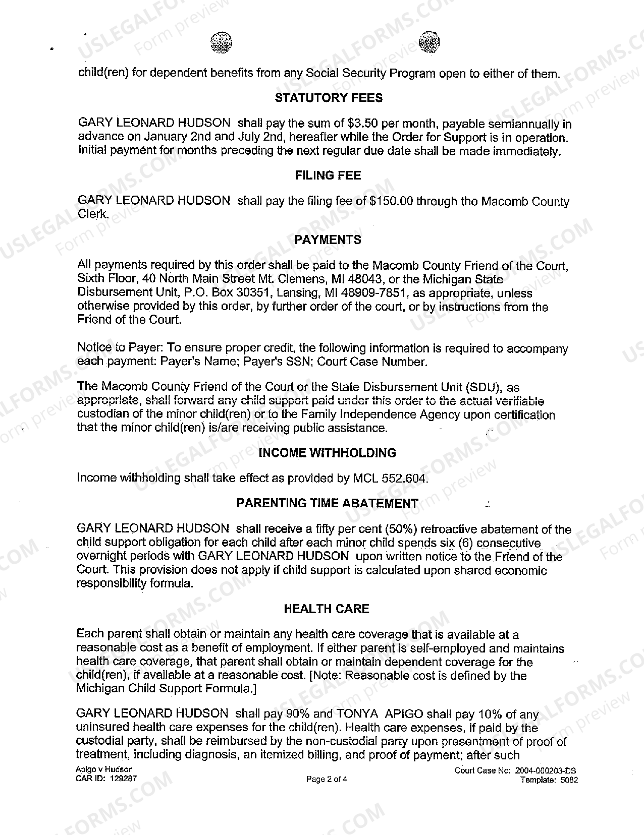 Sterling Heights Michigan Consent Judgment of Support Final Judgment