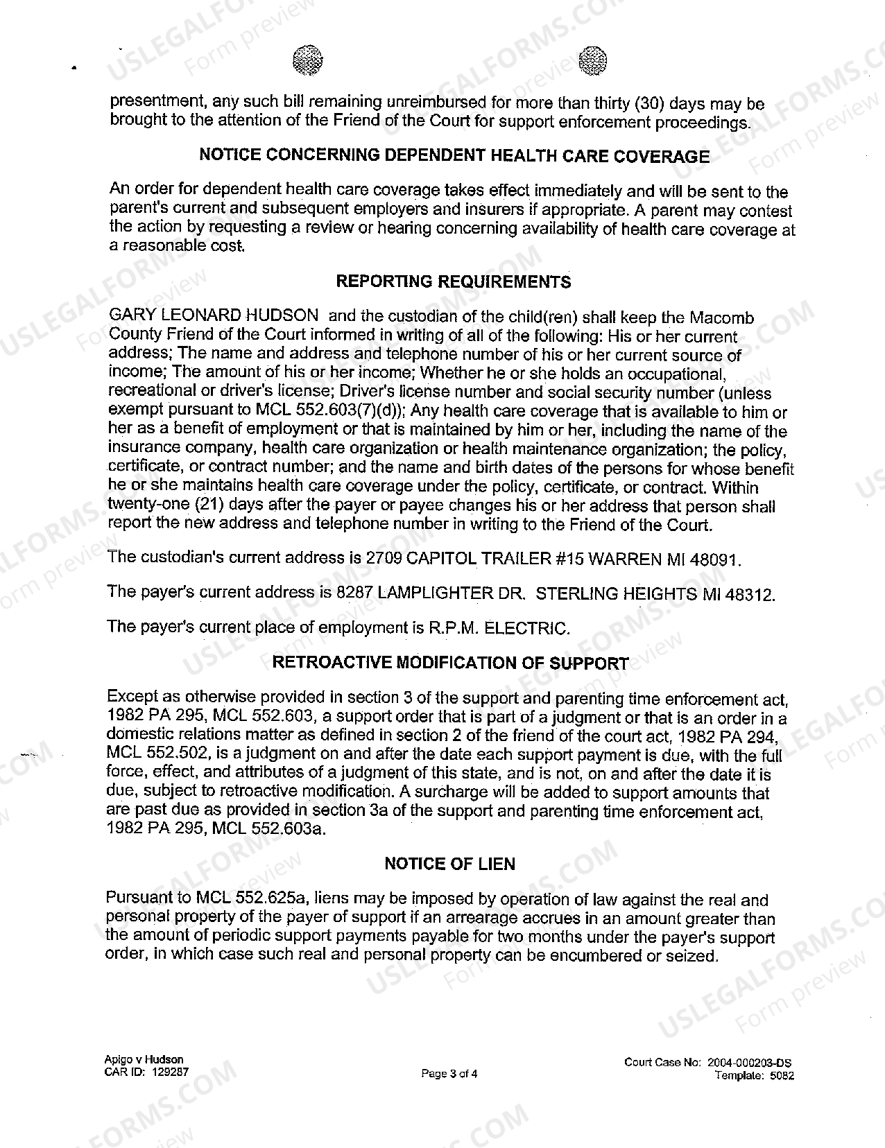 Detroit Michigan Consent Judgment of Support Final Judgment US Legal