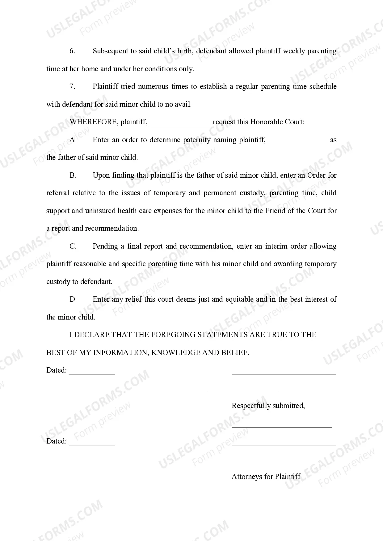 Preview Complaint to Determine Paternity, Custody