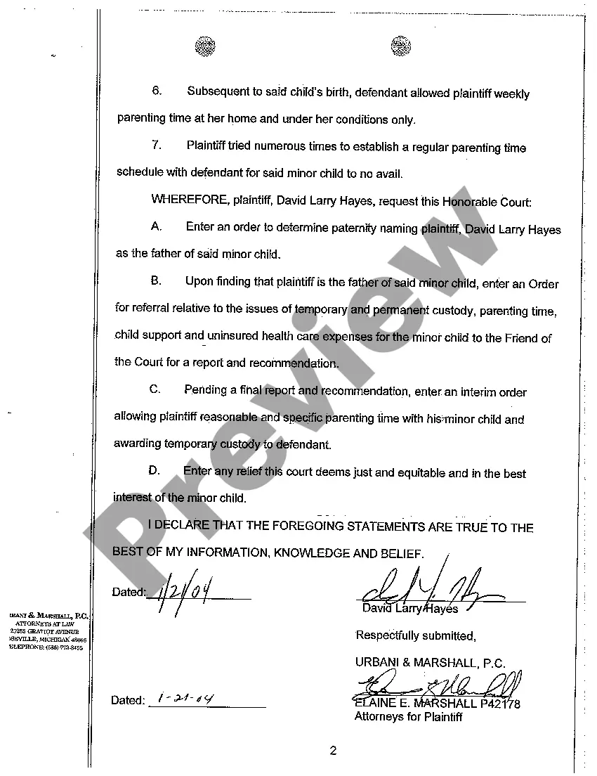 Get A01 Complaint to Determine Paternity, Custody, Parenting Time, and Child Support of Minor Child Preview A01 Complaint to Determine Paternity, Custody, Parenting Time, and Child Support of Minor Child