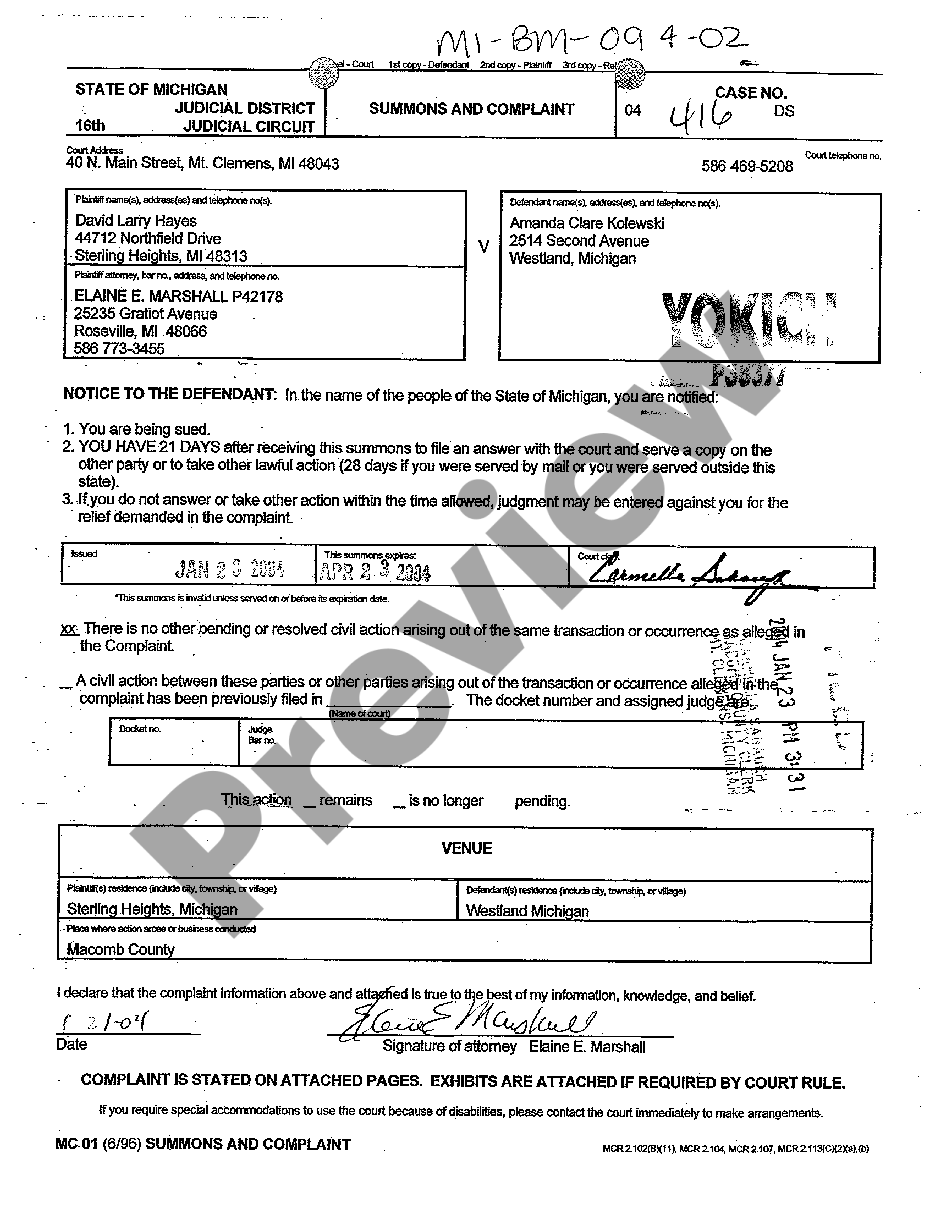 Wayne Michigan Summons And Complaint Summons And Complaint Form