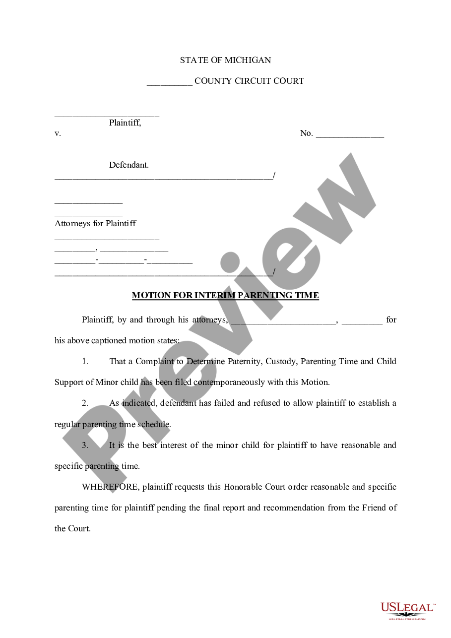 Sterling Heights Michigan Motion for Interim Parenting Time US Legal