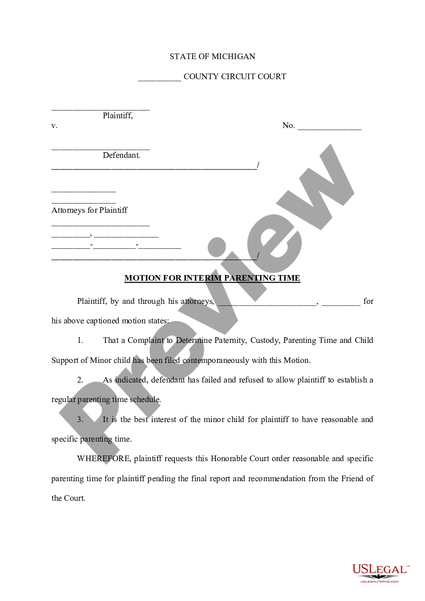 Sterling Heights Michigan Motion for Interim Parenting Time US Legal