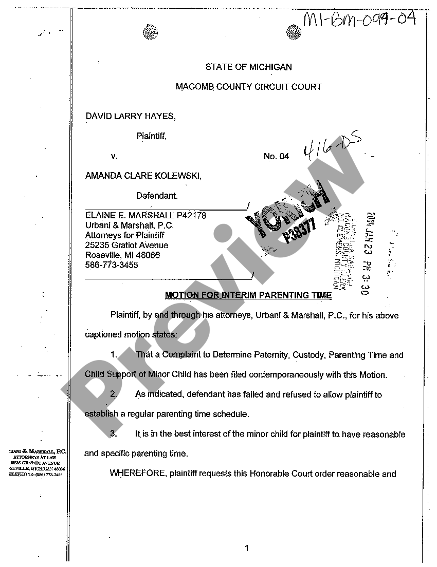 Michigan Motion for Interim Parenting Time US Legal Forms