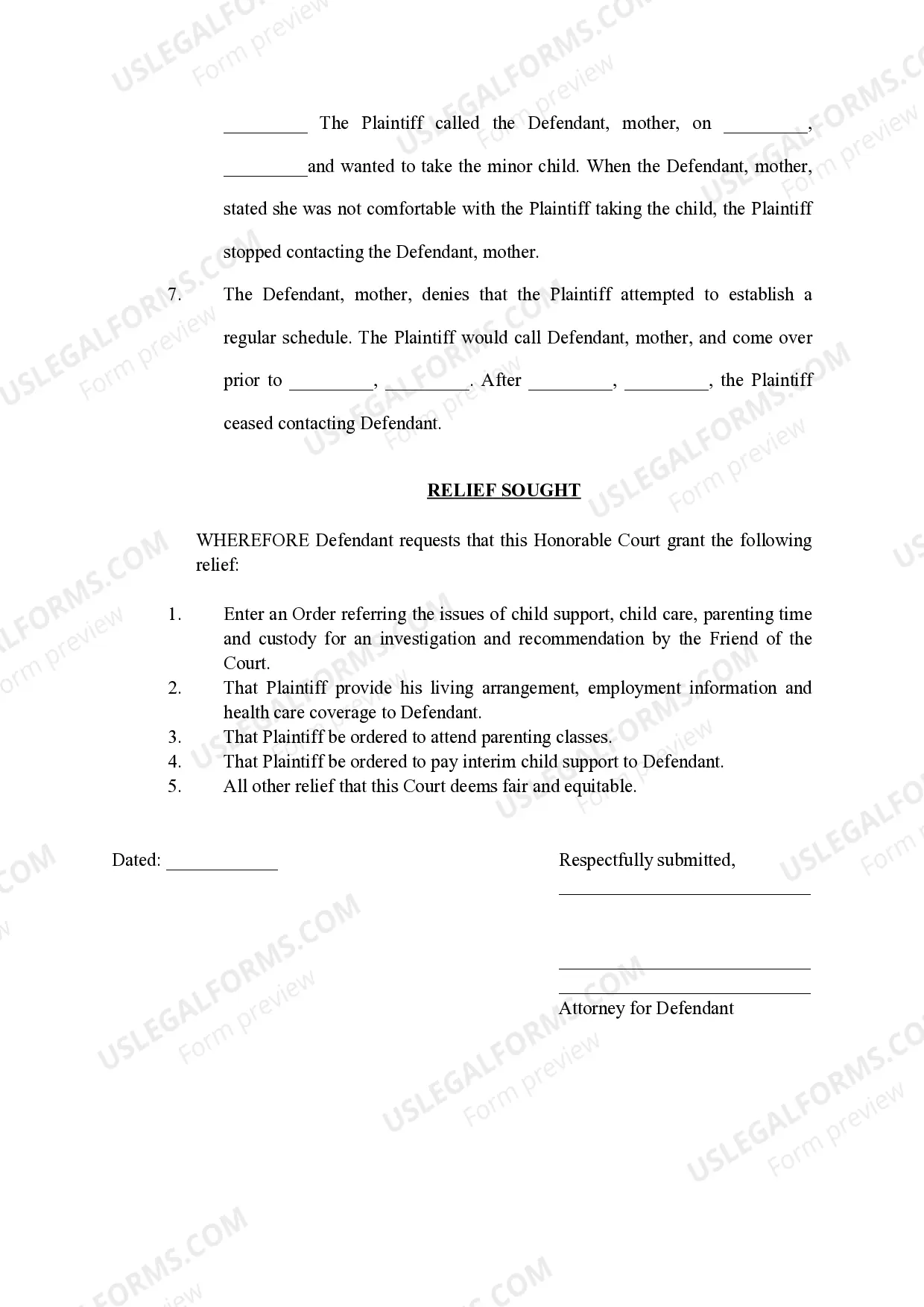 Preview Answer to Complaint to Determine Paternity, Custody, Parenting Time, and Child Support of Minor Child