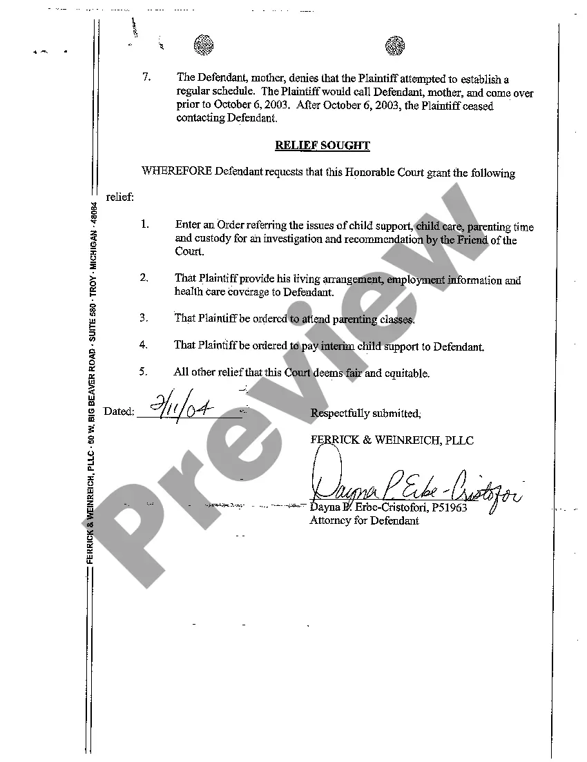 Get A07 Answer to Complaint to Determine Paternity, Custody, Parenting Time, and Child Support of Minor Child Preview A07 Answer to Complaint to Determine Paternity, Custody, Parenting Time, and Child Support of Minor Child