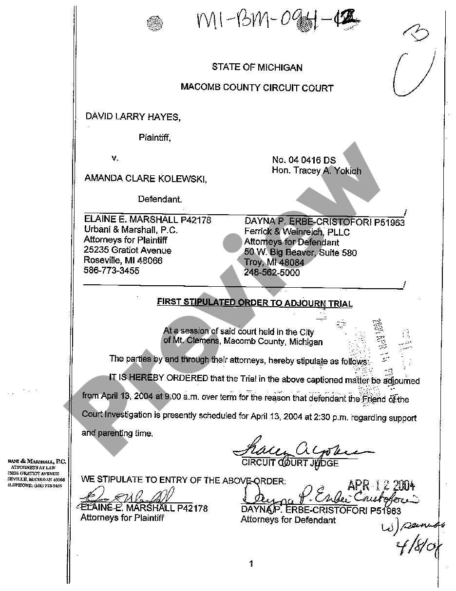 Detroit Michigan First Stipulated Order To Adjourn Trial 