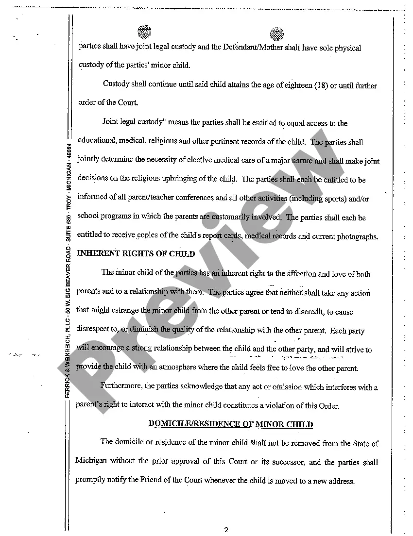 Preview A15 Order Regarding Custody Parenting Time and Support