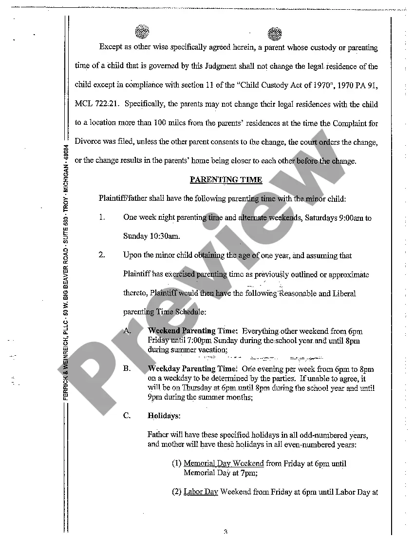 Preview A15 Order Regarding Custody Parenting Time and Support