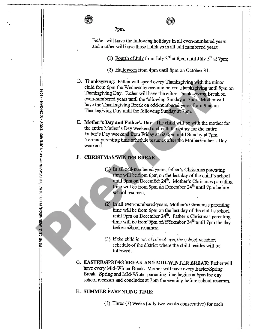 Preview A15 Order Regarding Custody Parenting Time and Support