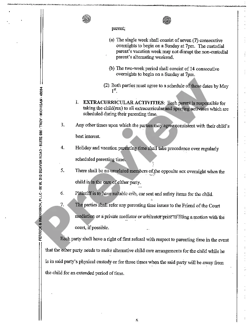 Preview A15 Order Regarding Custody Parenting Time and Support