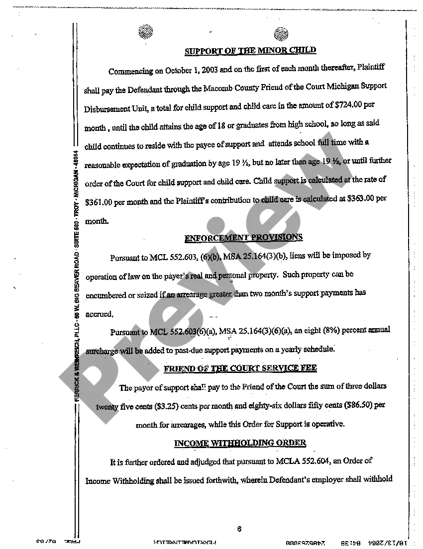 Preview A15 Order Regarding Custody Parenting Time and Support