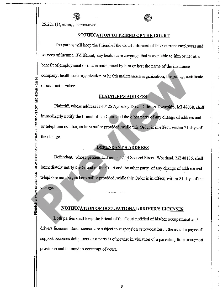 Preview A15 Order Regarding Custody Parenting Time and Support