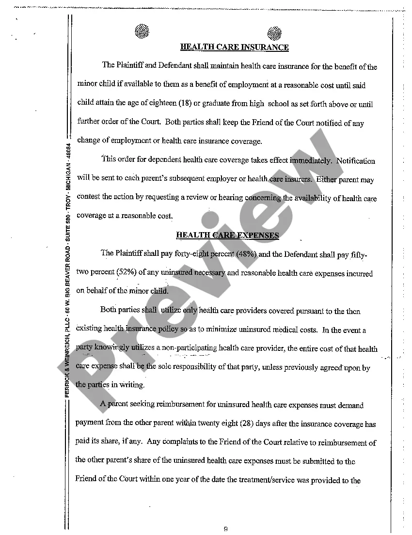 Preview A15 Order Regarding Custody Parenting Time and Support