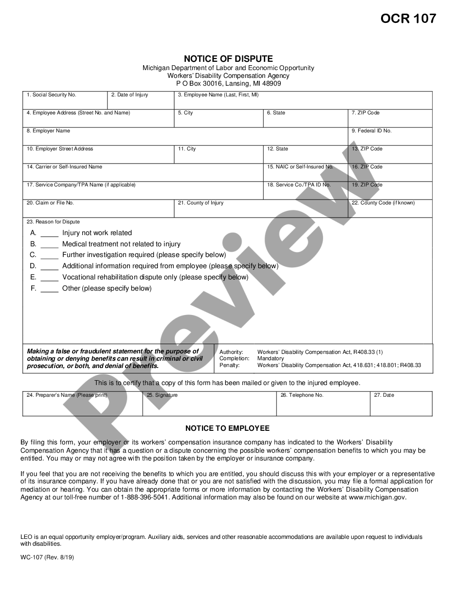 form Notice of Dispute for Workers' Compensation preview