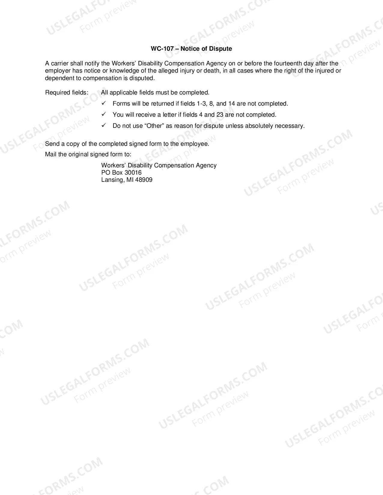 Preview Notice of Dispute for Workers' Compensation