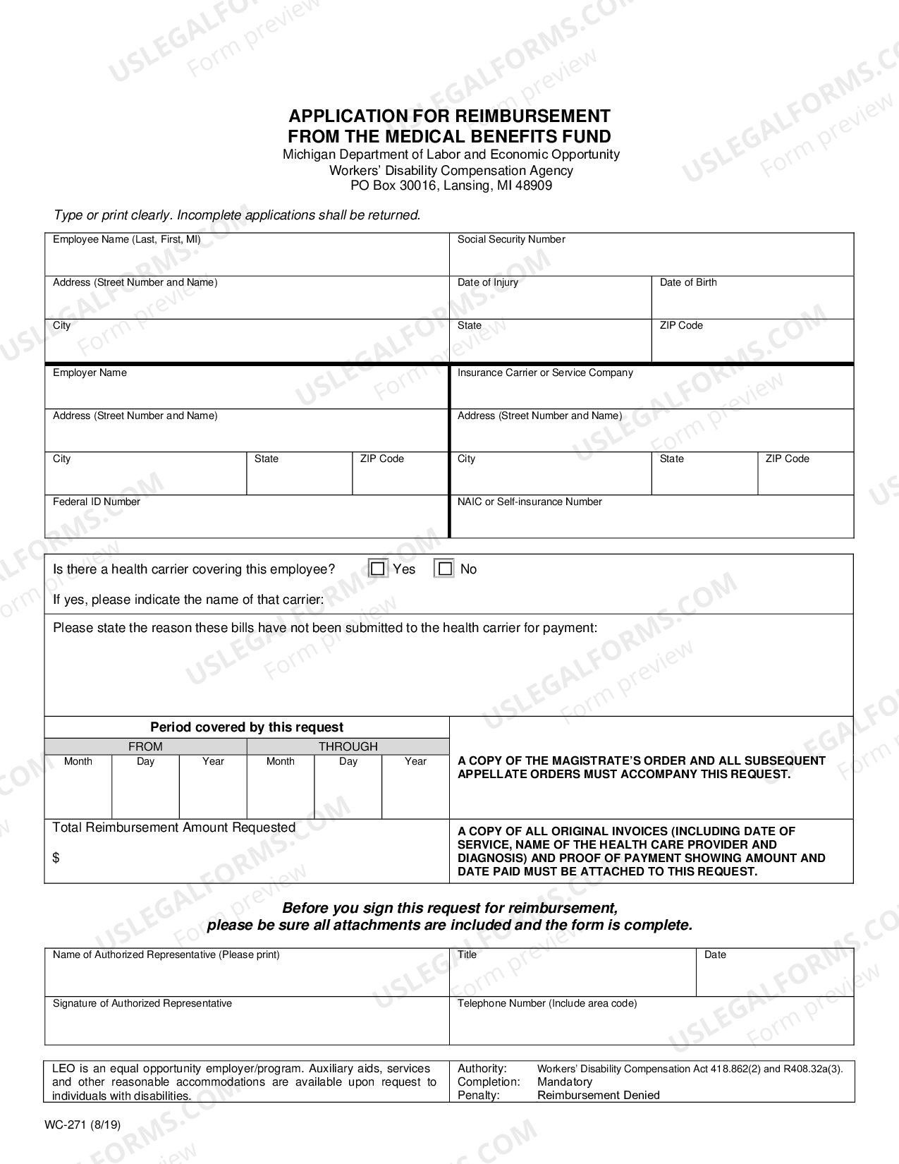 Michigan Application for Reimbursement for Workers' Compensation US