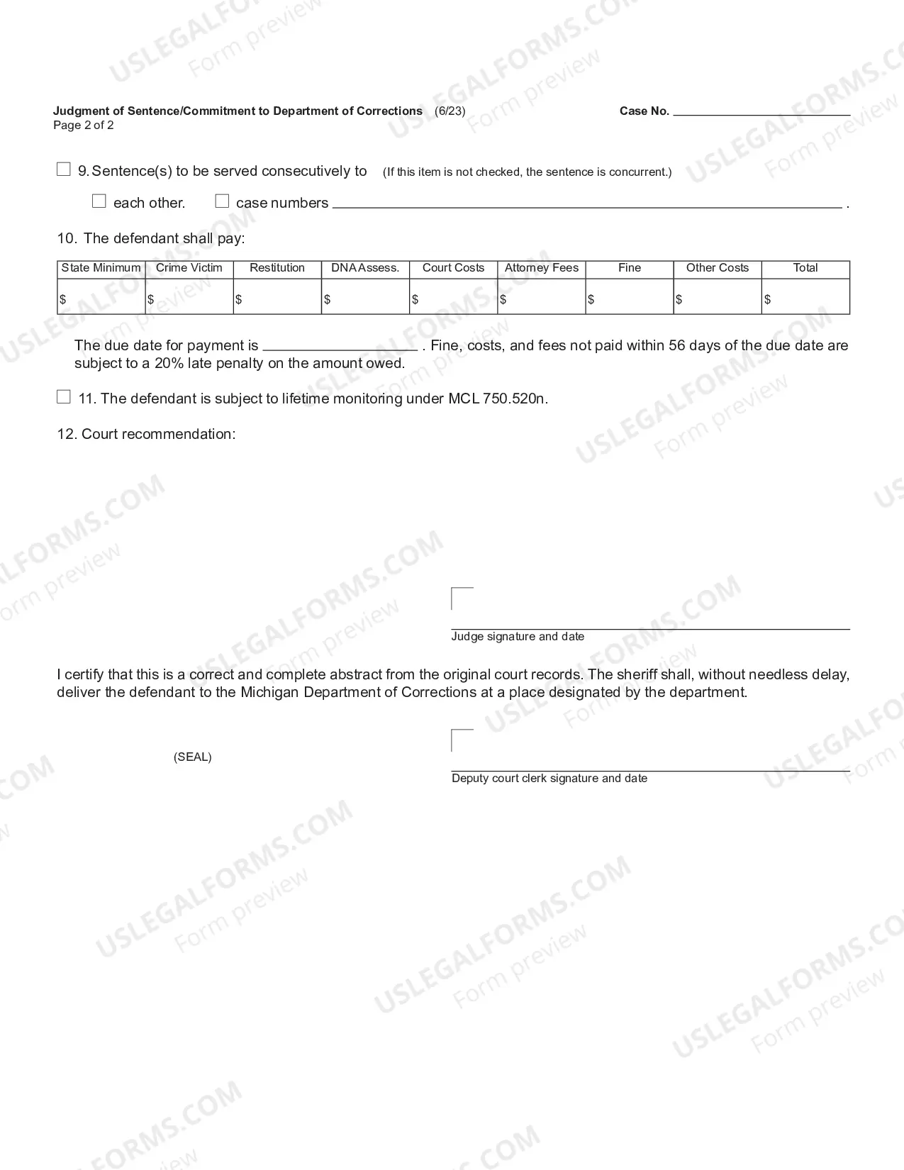 Preview Judgment of Sentence, Commitment to Department of Corrections