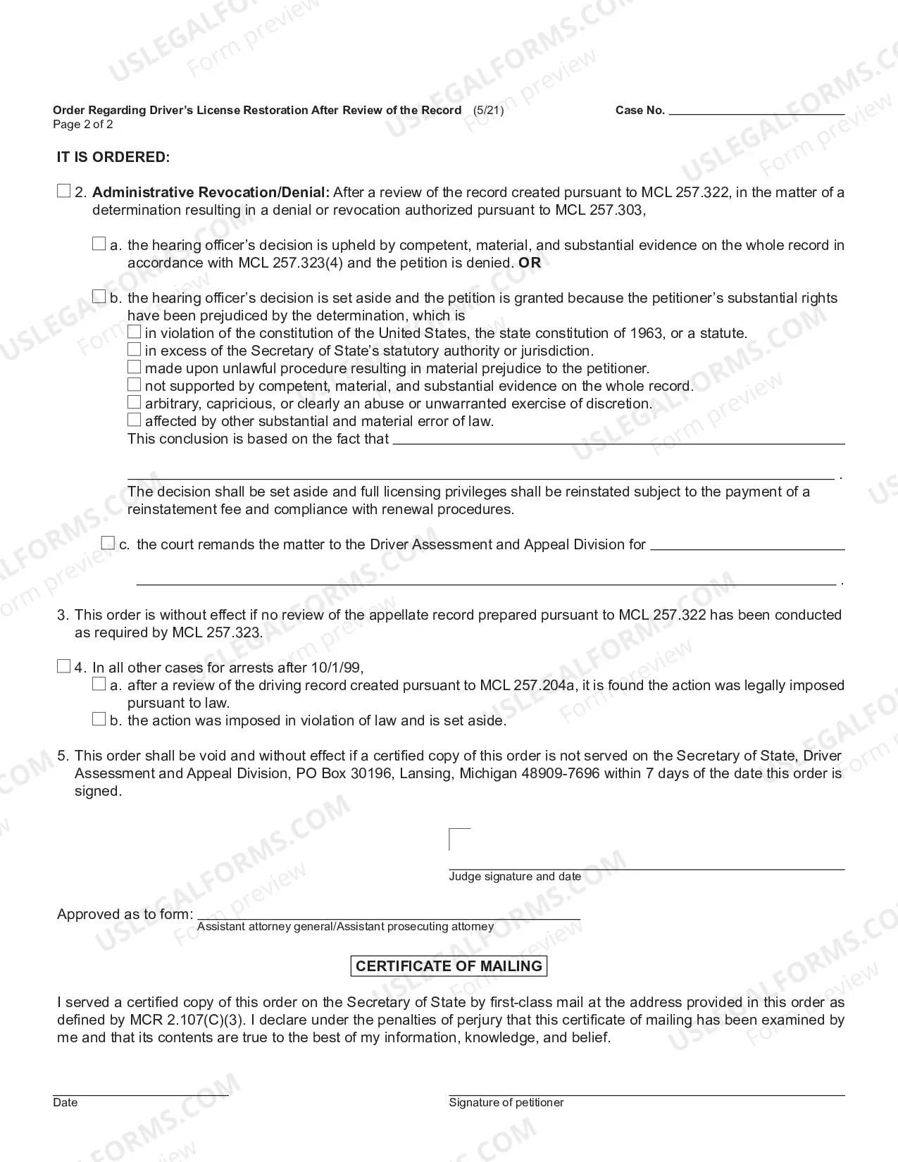 Preview Order Regarding Driver License Restoration After Review of Record