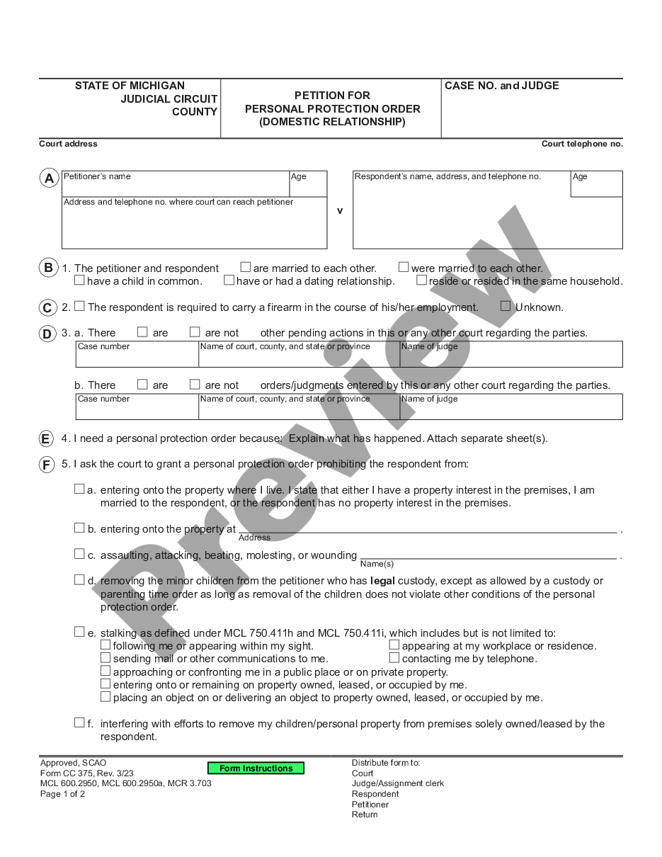 page 0 Petition for Personal Protection Order - Domestic Relationship preview