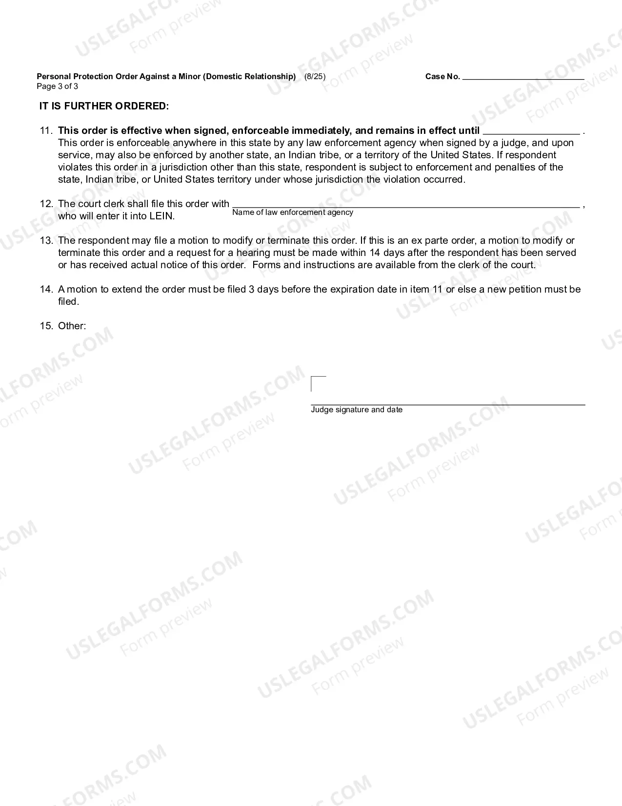 Preview Personal Protection Order Against A Minor (Domestic Relationship) (Ex Parte) - Page 1