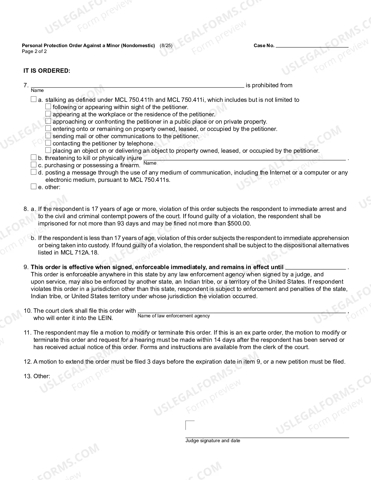 Preview Personal Protection Order Against Stalking By A Minor (Non Domestic) (Ex Parte)