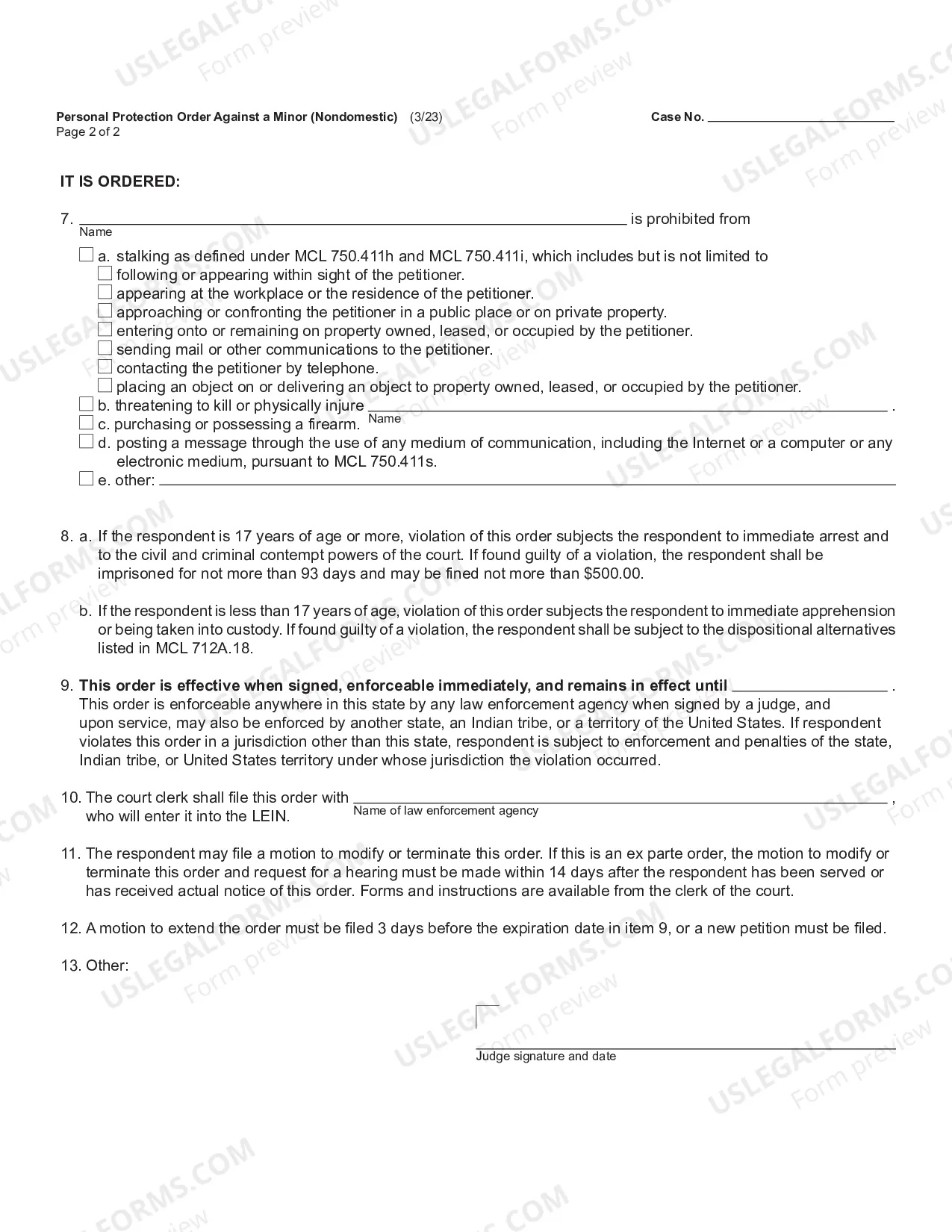 Preview Personal Protection Order Against a Minor - Non Domestic