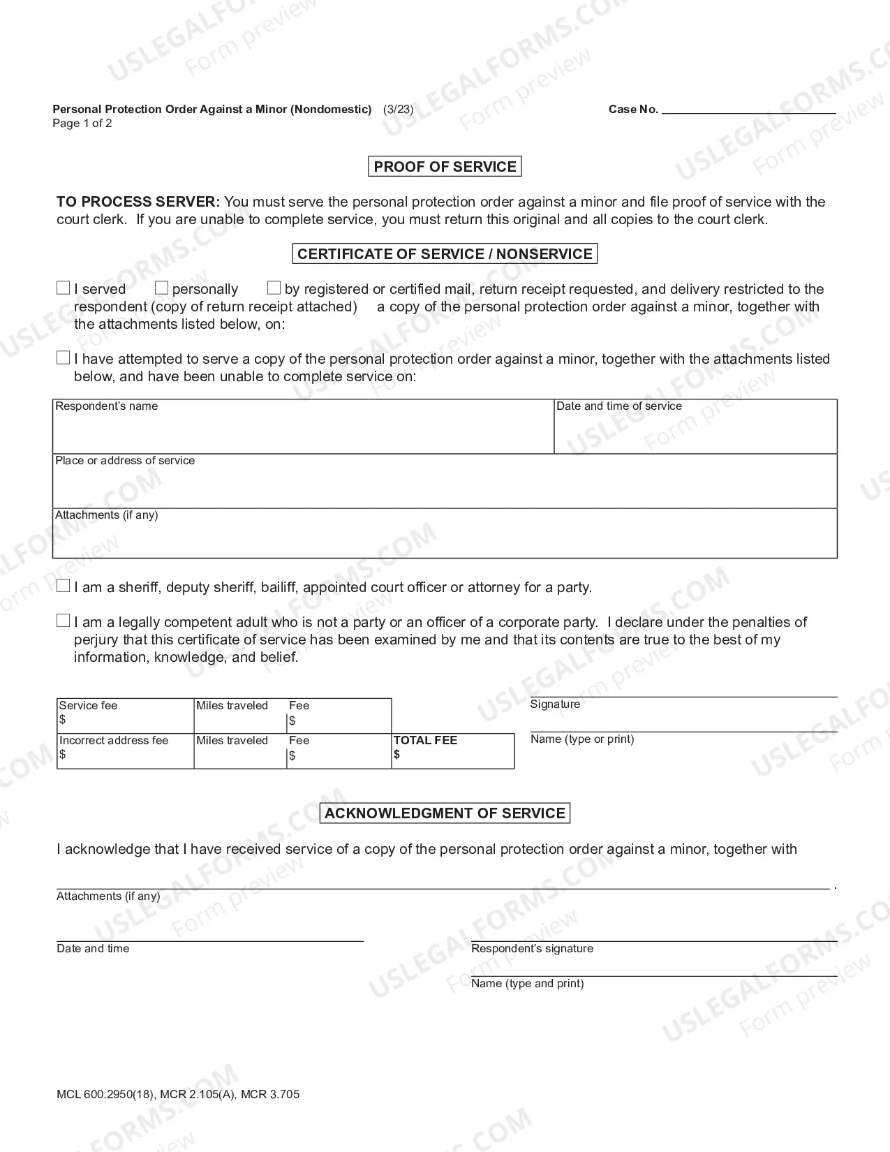Preview Personal Protection Order Against a Minor - Non Domestic