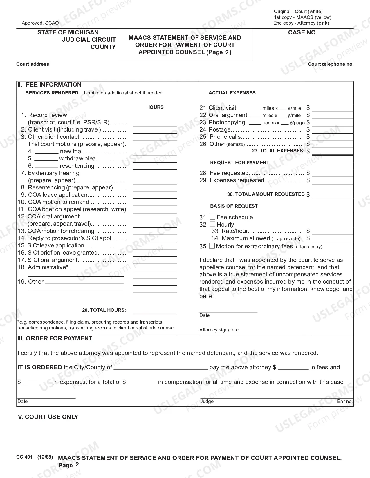 Preview MAACS Statement of Service And Order For Payment of Court Appointed Counsel