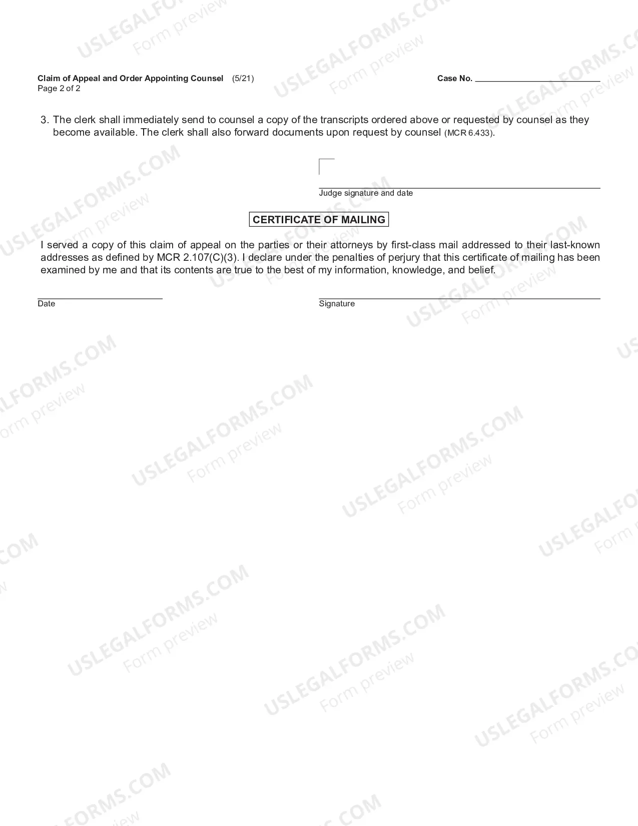 Preview Claim of Appeal And Order Appointing Counsel