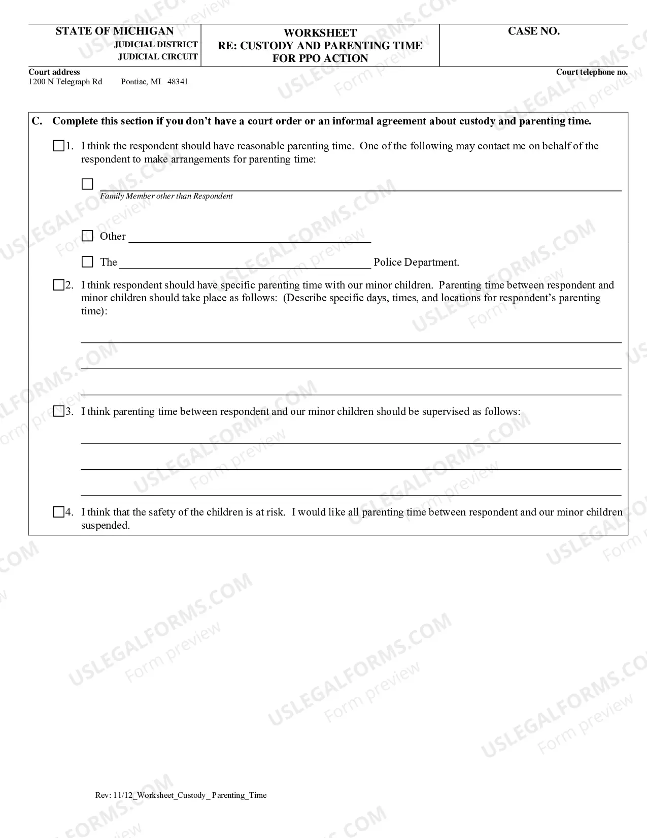 Preview Worksheet Re Custody And Parenting Time For PPO Action
