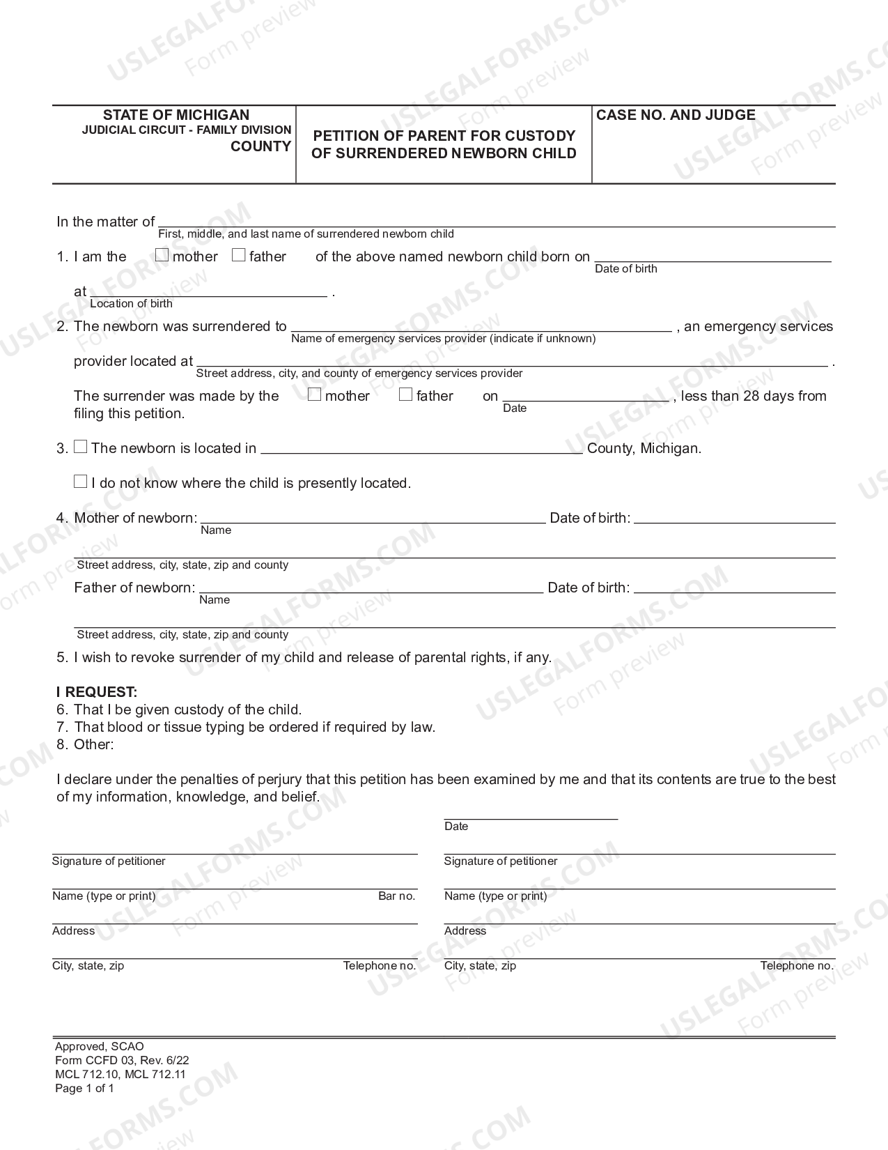 Michigan Petition of Parent for Custody of Surrendered Newborn Child US Legal Forms