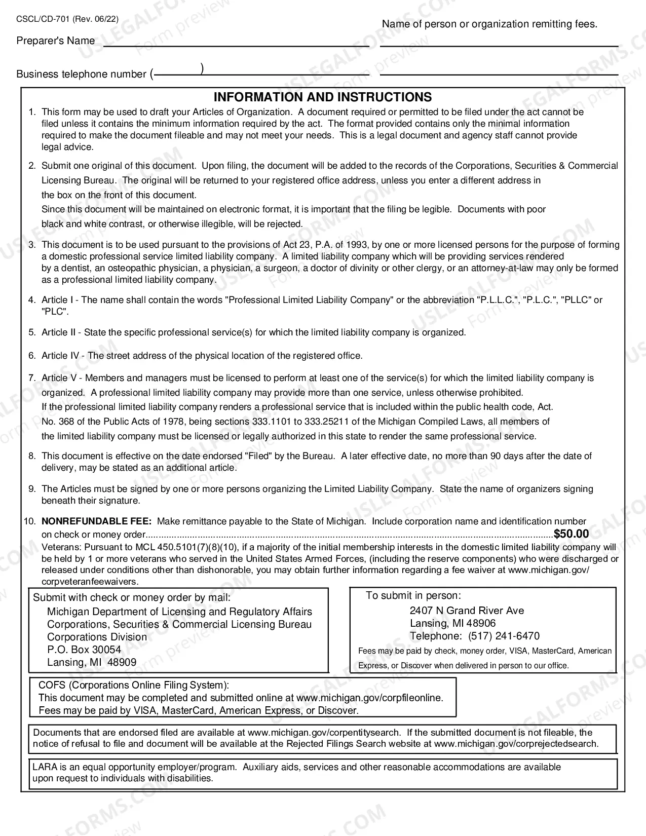 Preview Articles of Organization (Professional Service Llc)