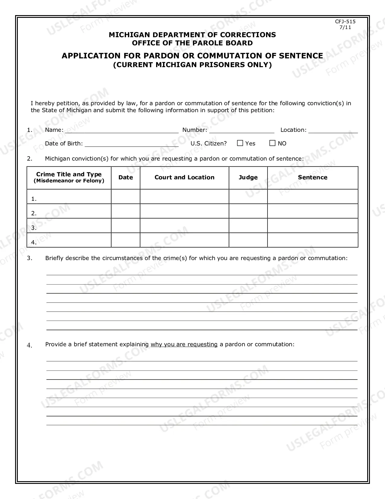 Preview Application for Pardon or Commutation of Sentence - Current Michigan Prisoners Only