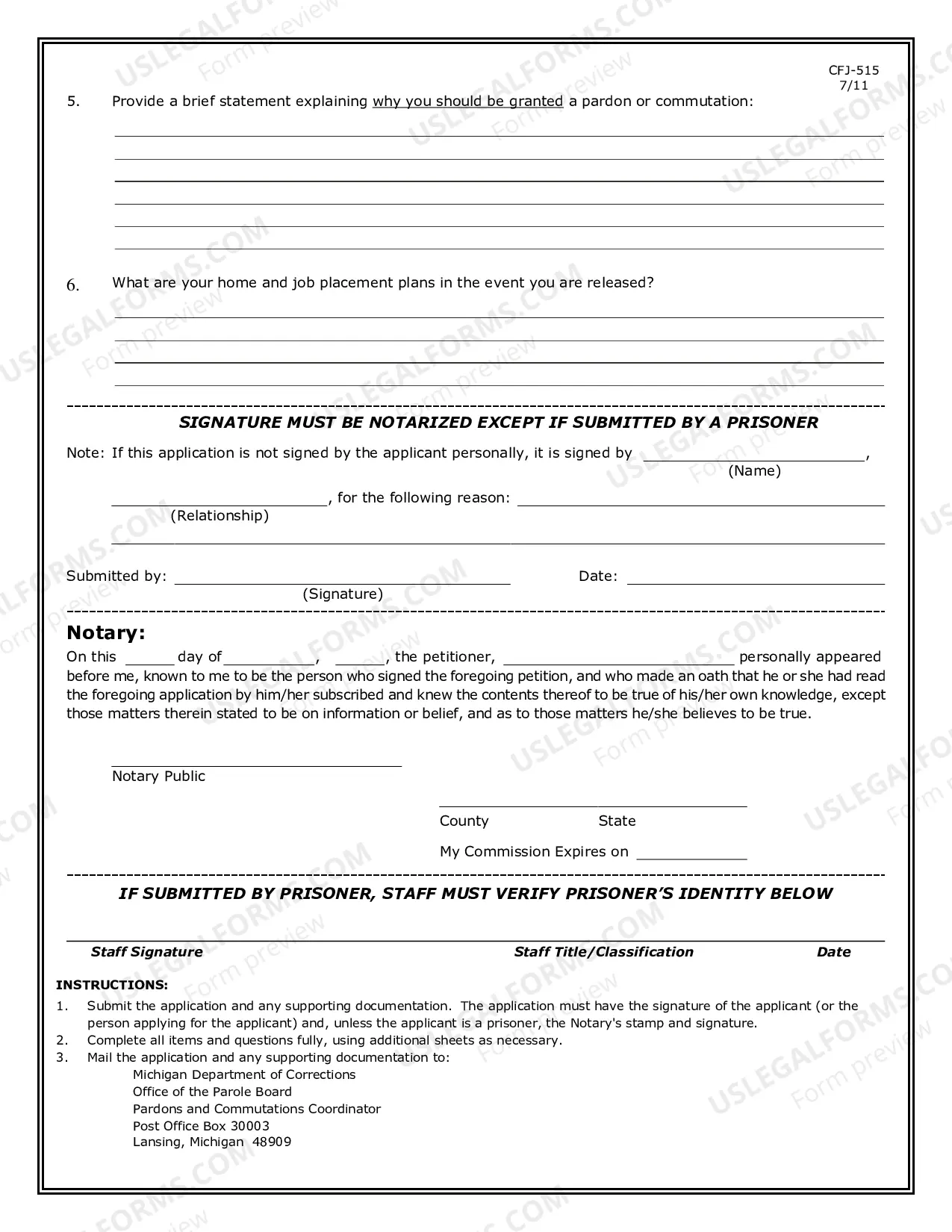 Preview Application for Pardon or Commutation of Sentence - Current Michigan Prisoners Only